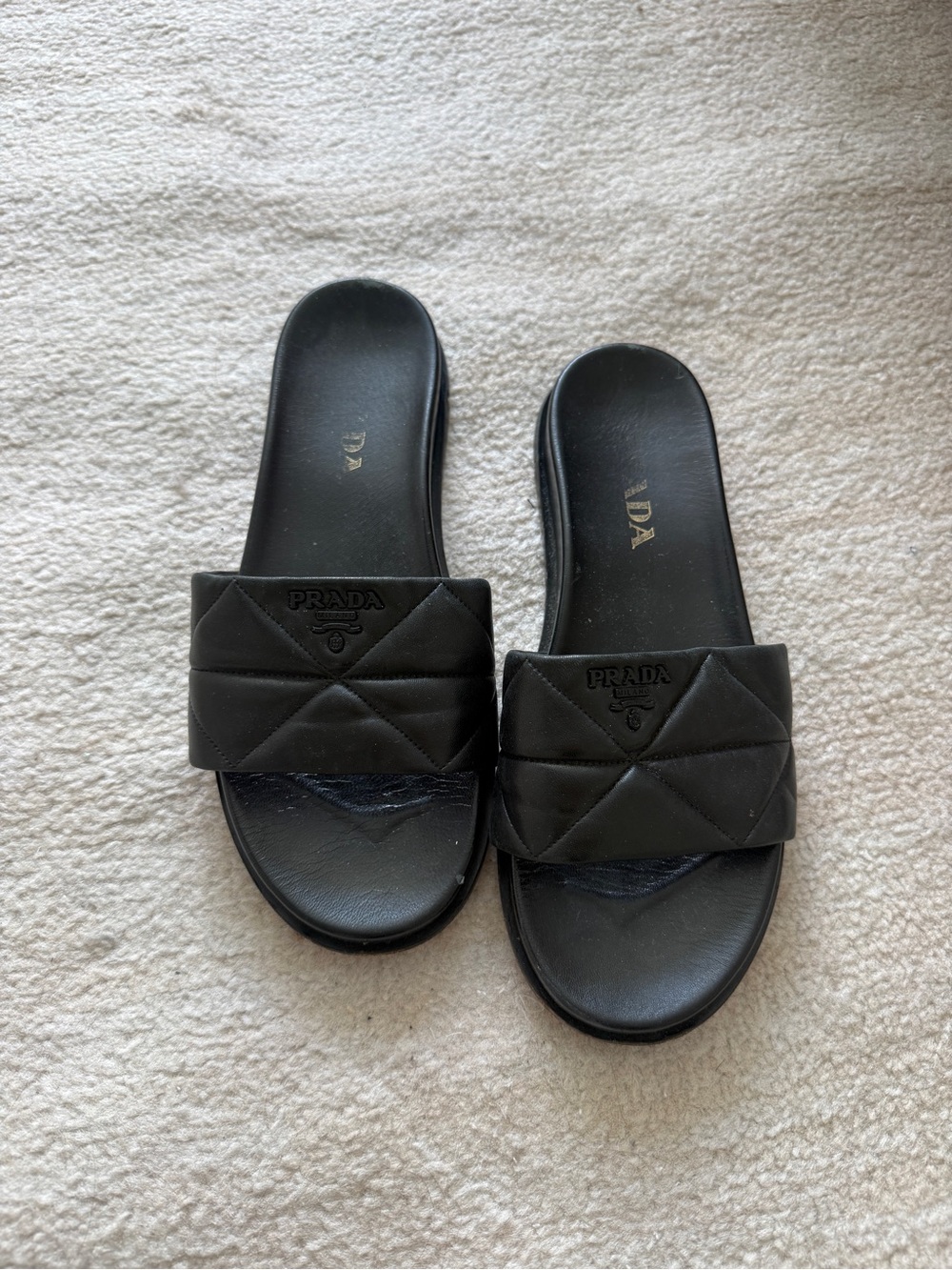 Prada Black Quilted Slide Sandals - Logo Detail